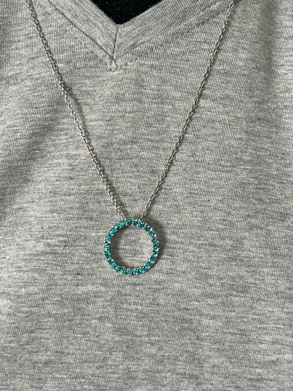 Silver tone Necklace with Turquoise Crystal Circle Pendant